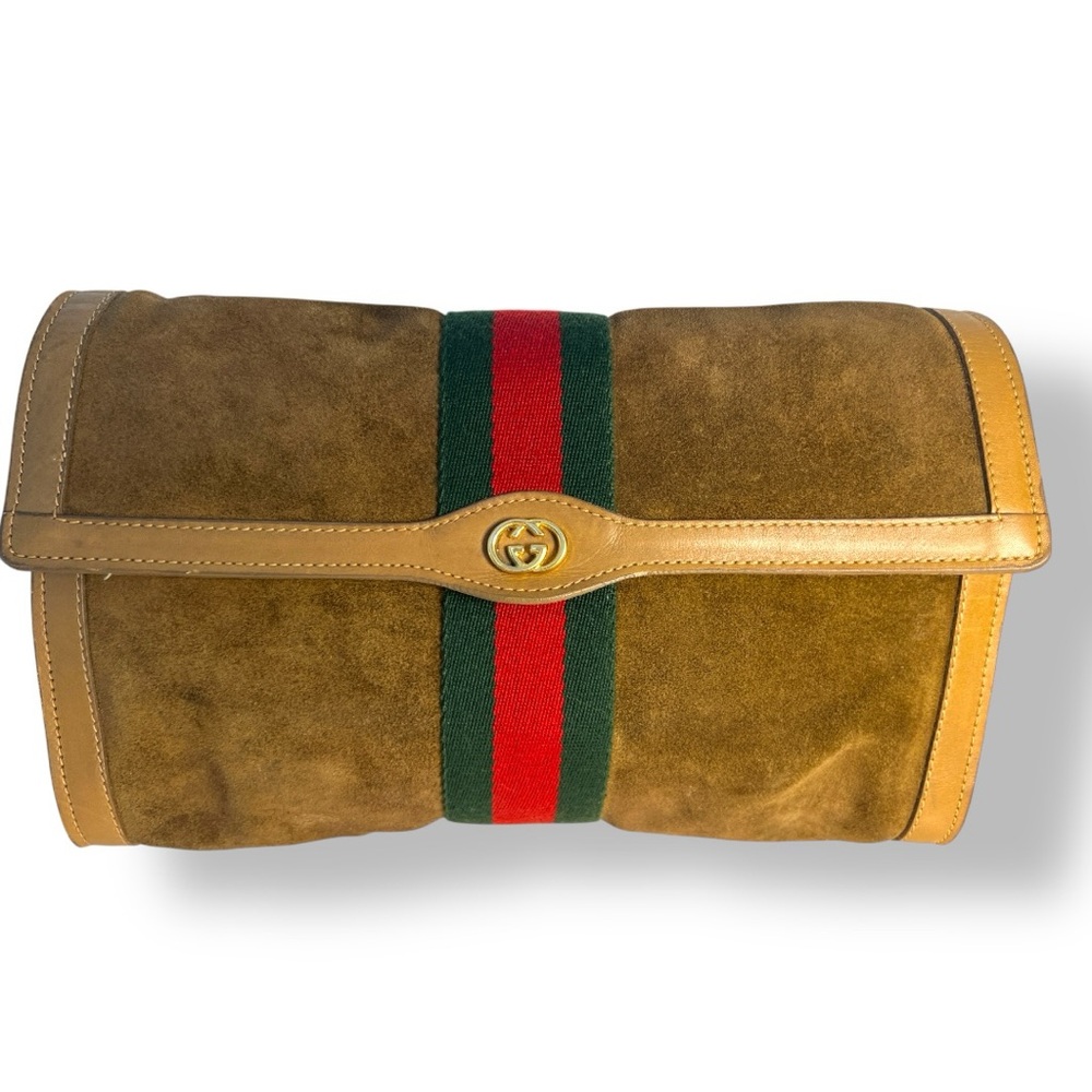 Vintage Gucci Parfums Suede Clutch Green Red Web | Made in Italy | 70s 80s Gucci